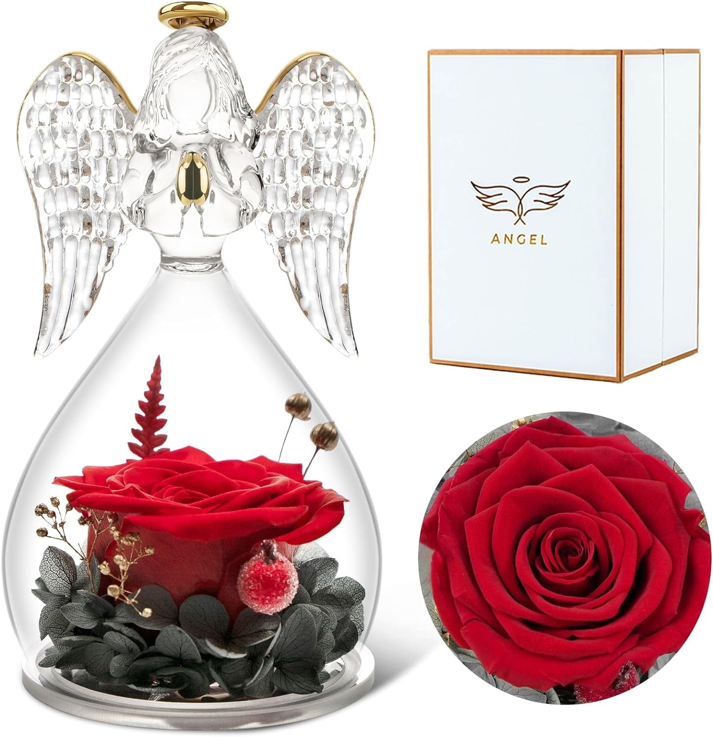 1-Red Rolra Angel Rose Figurines - Preserved Flower Rose Glass Angel Gifts for Mother's Day