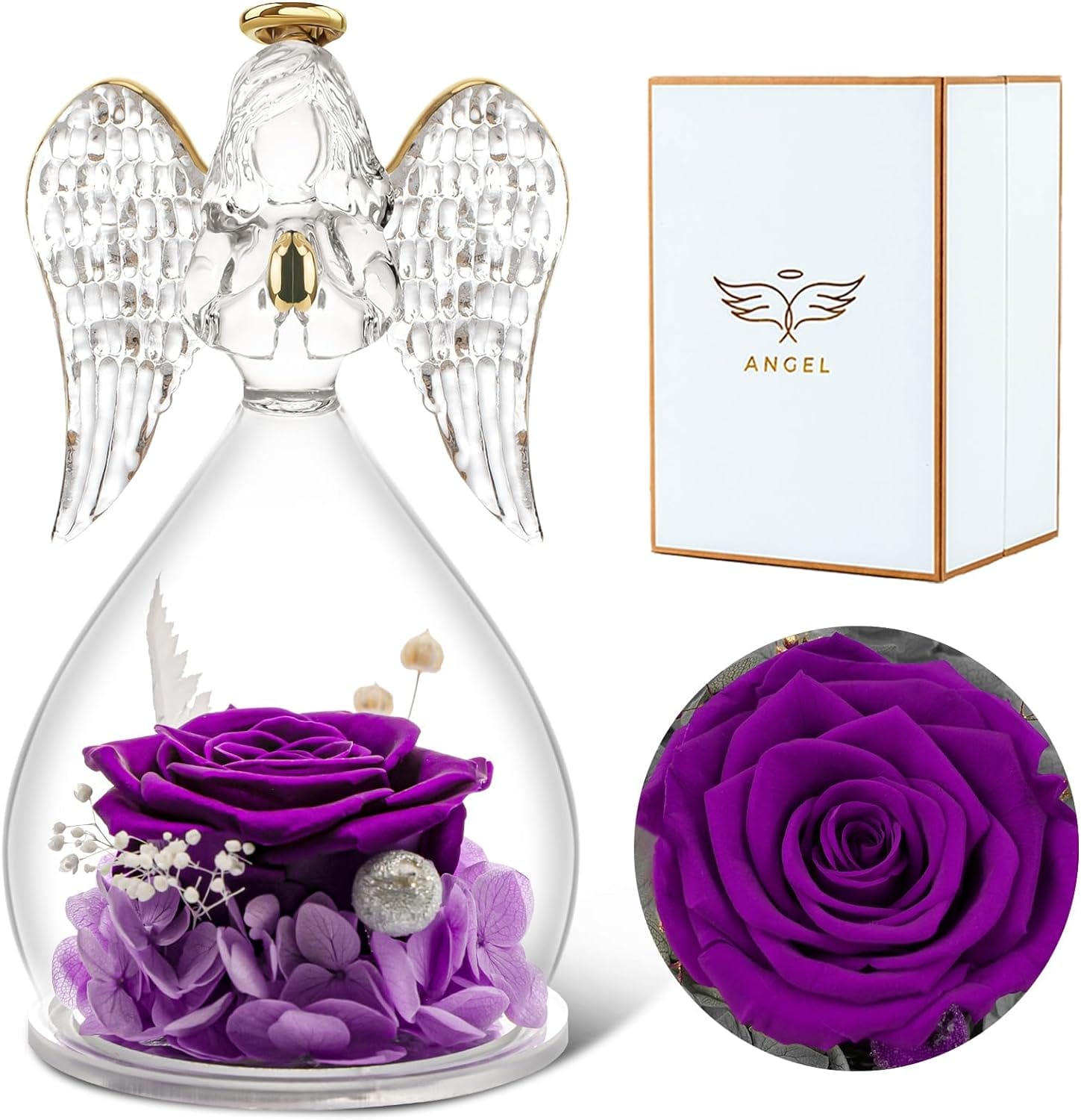 2-Purple Rolra Angel Rose Figurines - Preserved Flower Rose Glass Angel Gifts for Mother's Day