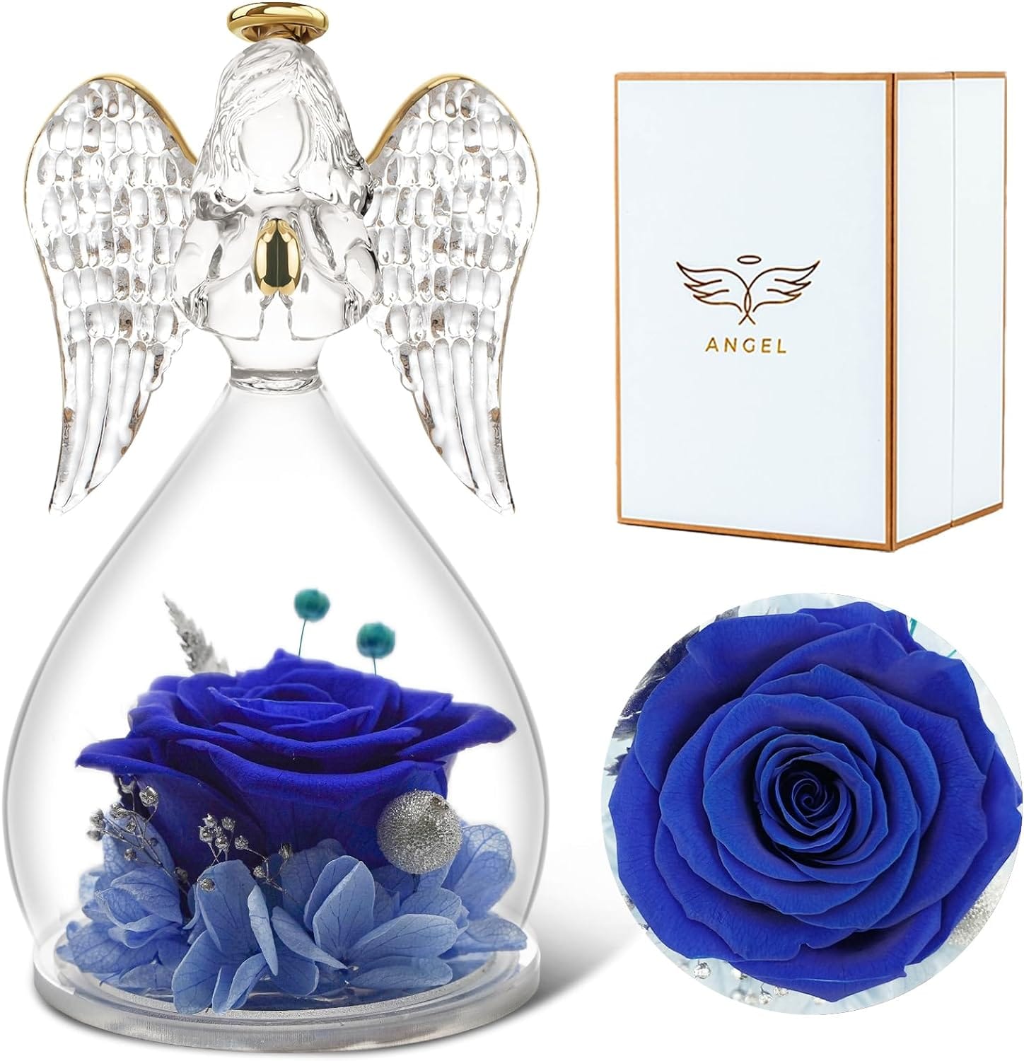 4-Blue Rolra Angel Rose Figurines - Preserved Flower Rose Glass Angel Gifts for Mother's Day