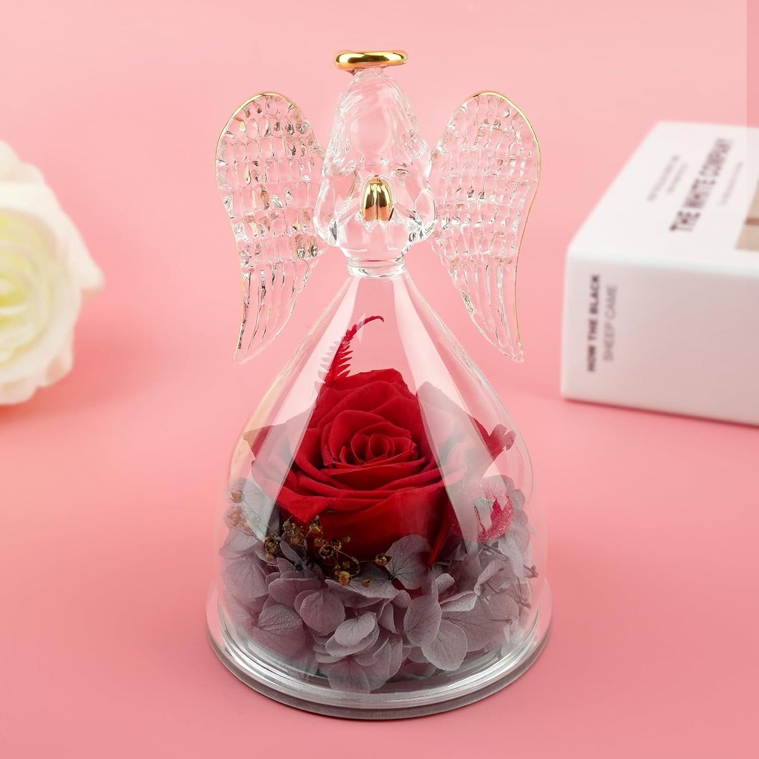 Rolra Angel Rose Figurines - Preserved Flower Rose Glass Angel Gifts for Mother's Day