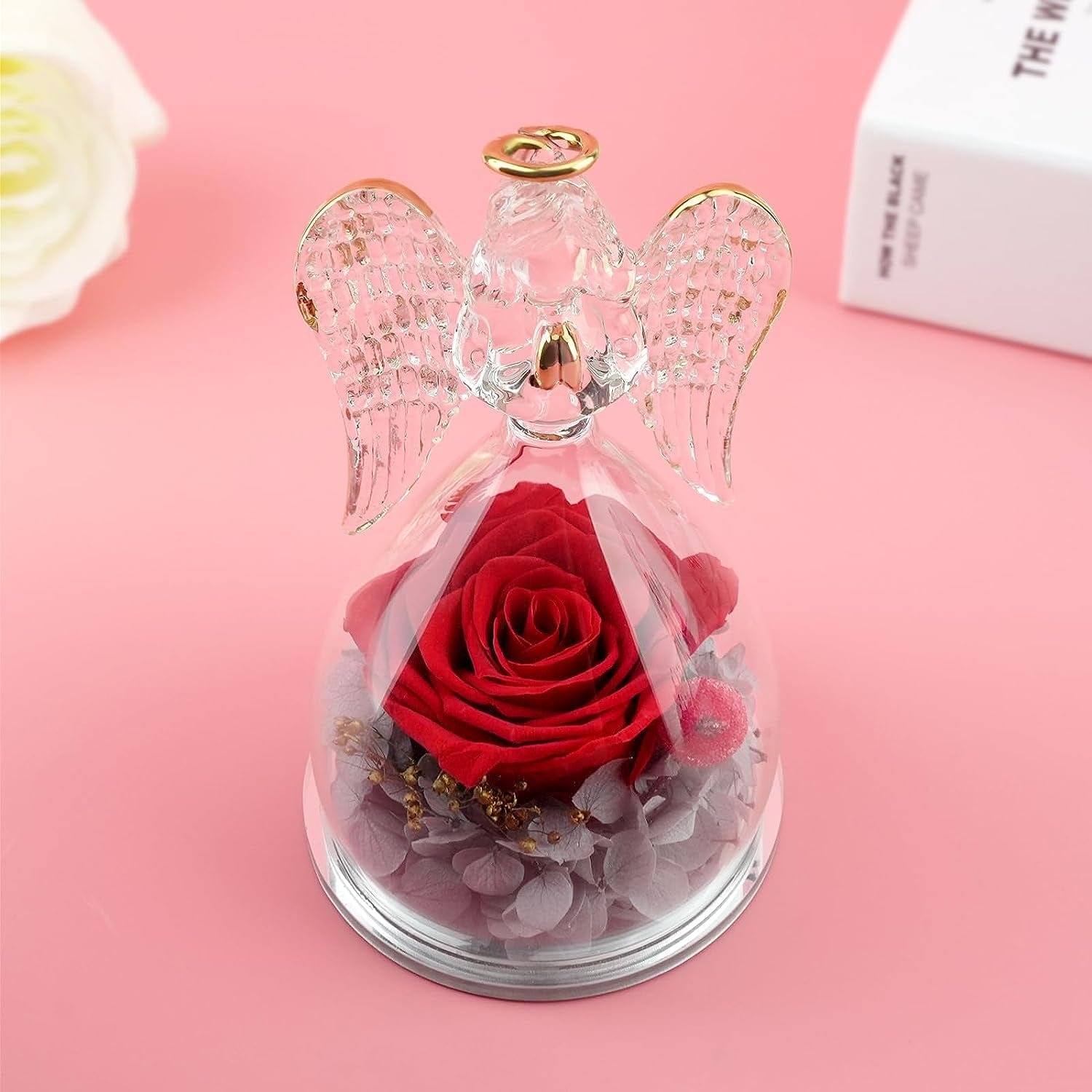 Rolra Angel Rose Figurines - Preserved Flower Rose Glass Angel Gifts for Mother's Day