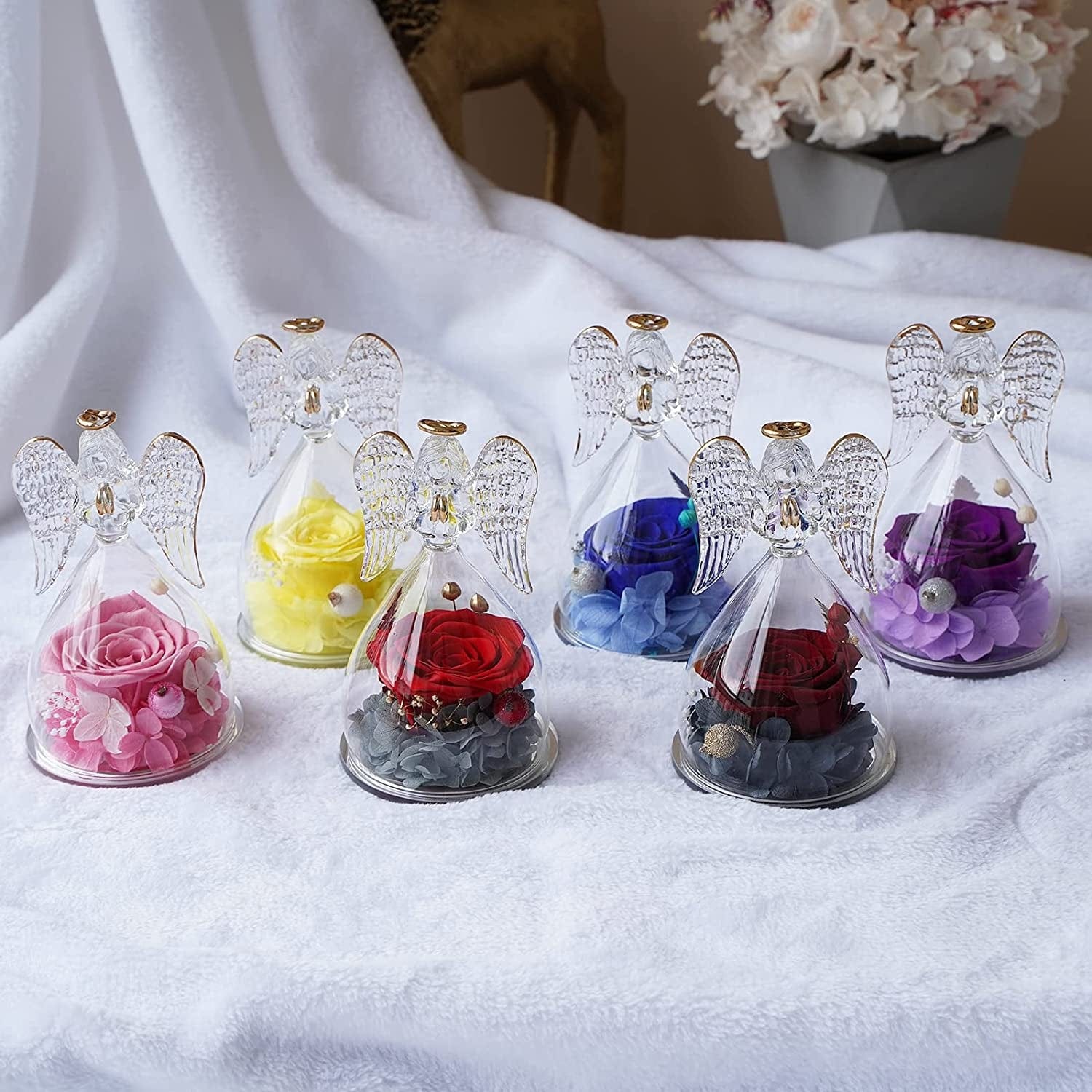 Rolra Angel Rose Figurines - Preserved Flower Rose Glass Angel Gifts for Mother's Day