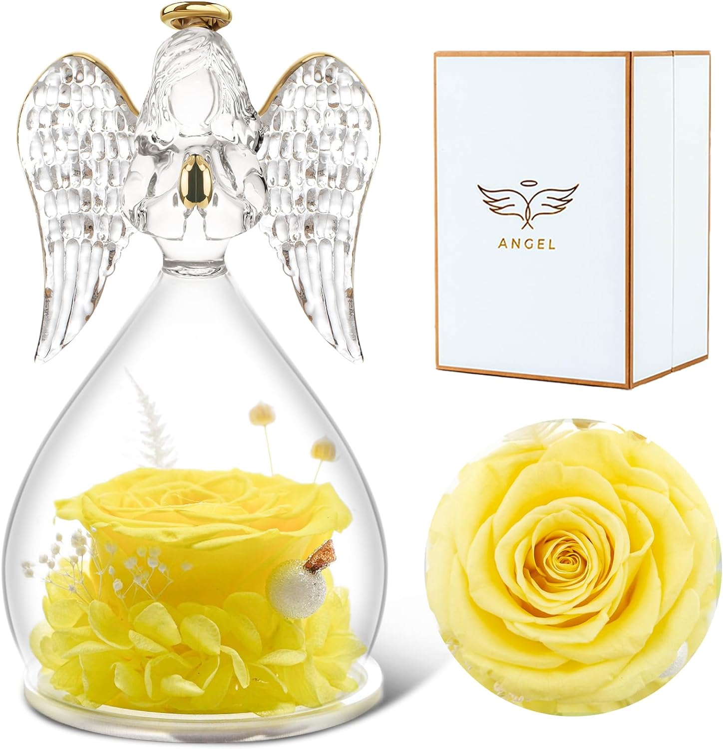 6-Yellow Rolra Angel Rose Figurines - Preserved Flower Rose Glass Angel Gifts for Mother's Day