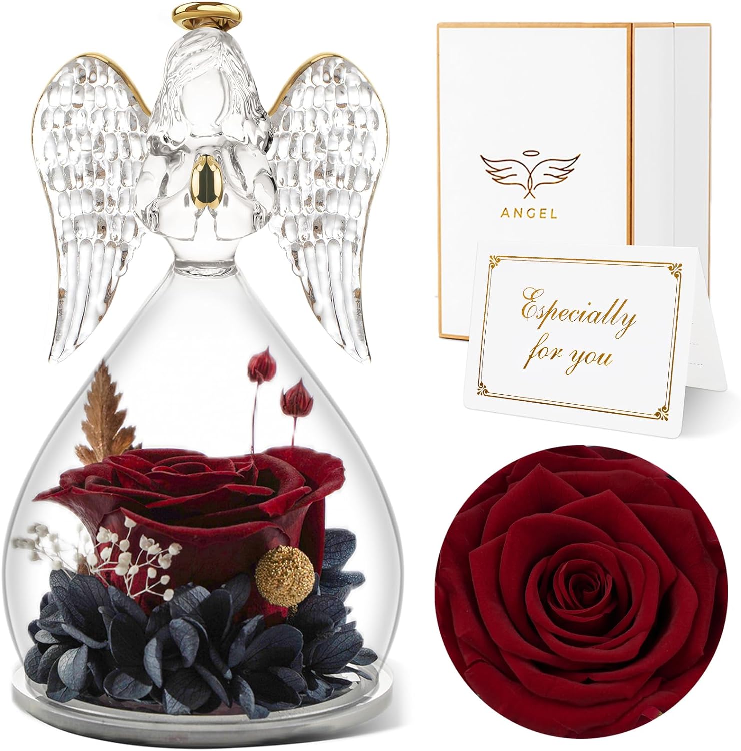 7-Redwine Rolra Angel Rose Figurines - Preserved Flower Rose Glass Angel Gifts for Mother's Day