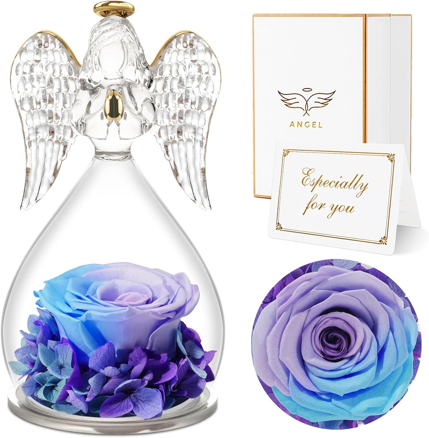 Blue Purple Rolra Angel Rose Figurines - Preserved Flower Rose Glass Angel Gifts for Mother's Day