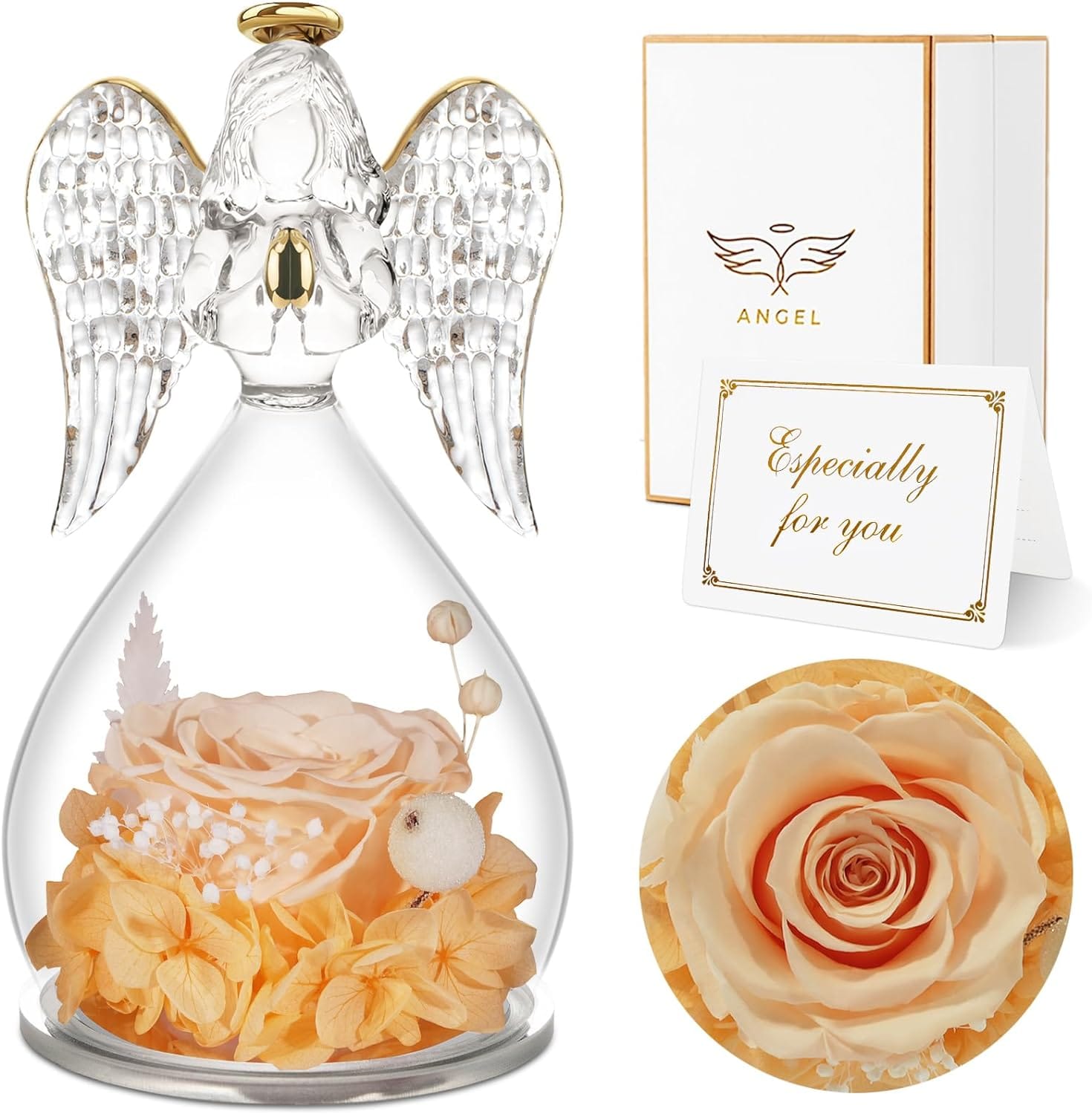 Champagne Rolra Angel Rose Figurines - Preserved Flower Rose Glass Angel Gifts for Mother's Day