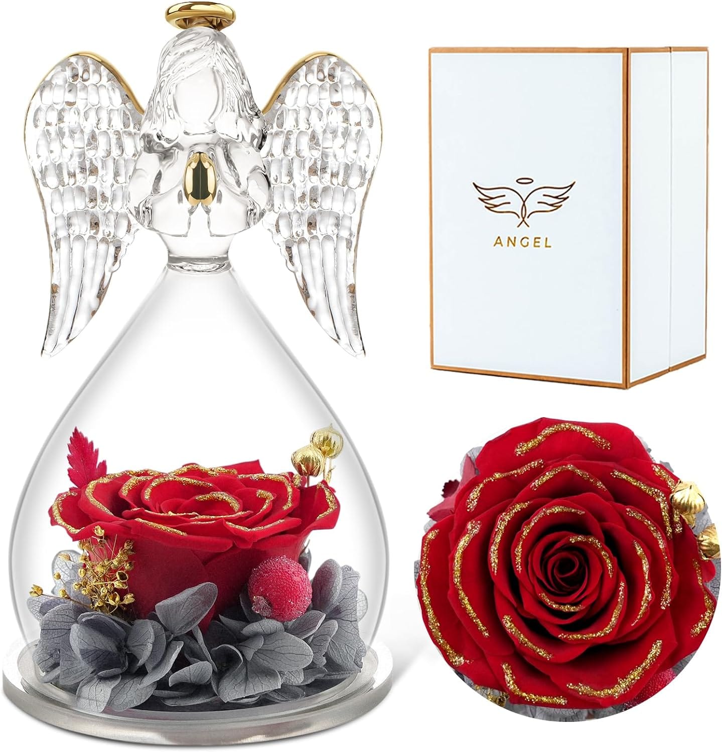 Red+Gold Rolra Angel Rose Figurines - Preserved Flower Rose Glass Angel Gifts for Mother's Day