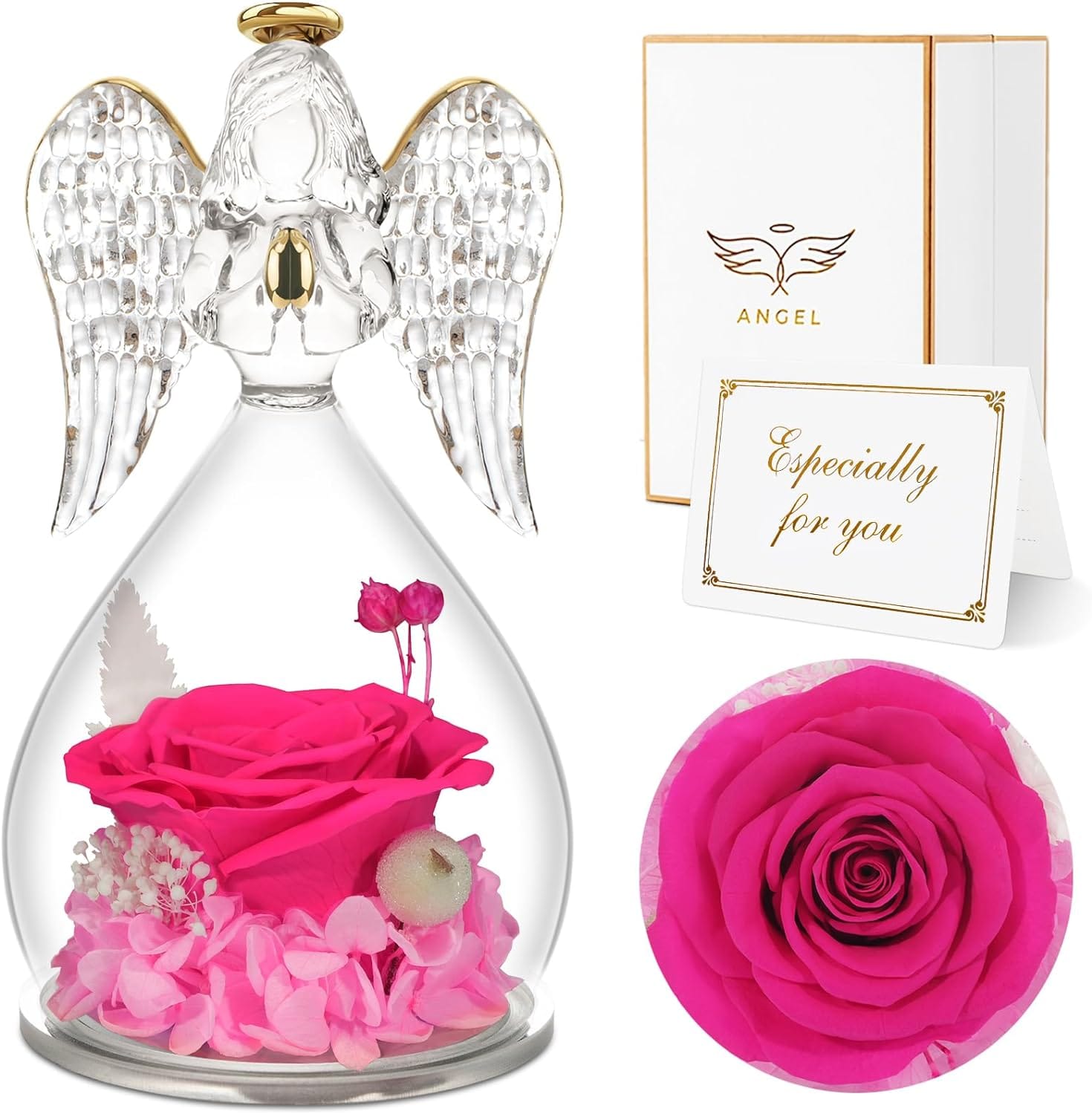 Rose Red Rolra Angel Rose Figurines - Preserved Flower Rose Glass Angel Gifts for Mother's Day