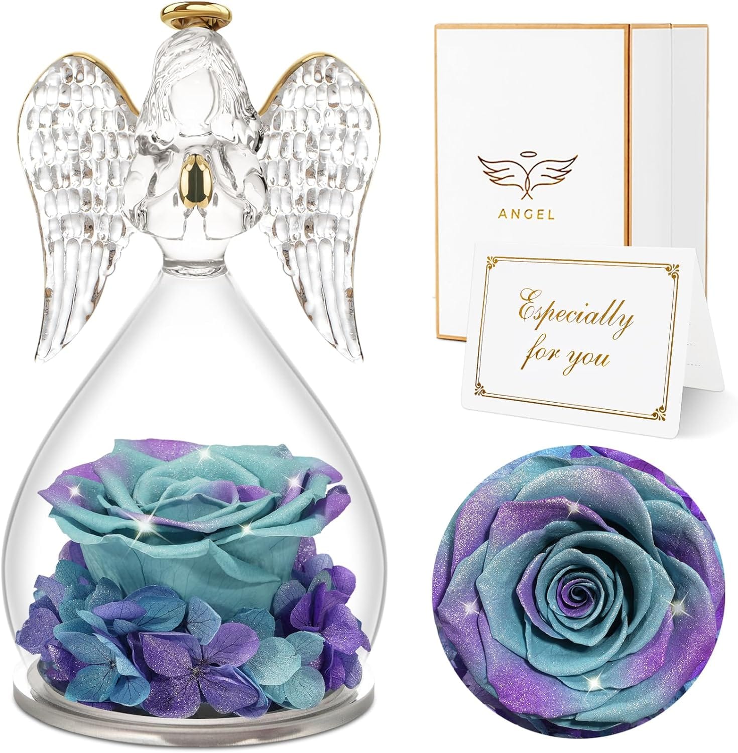 Starry Sky Rolra Angel Rose Figurines - Preserved Flower Rose Glass Angel Gifts for Mother's Day