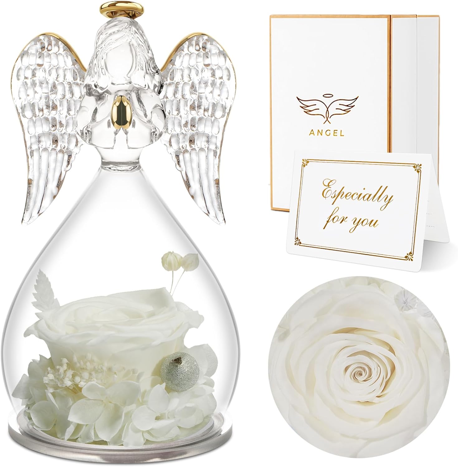 White Rolra Angel Rose Figurines - Preserved Flower Rose Glass Angel Gifts for Mother's Day