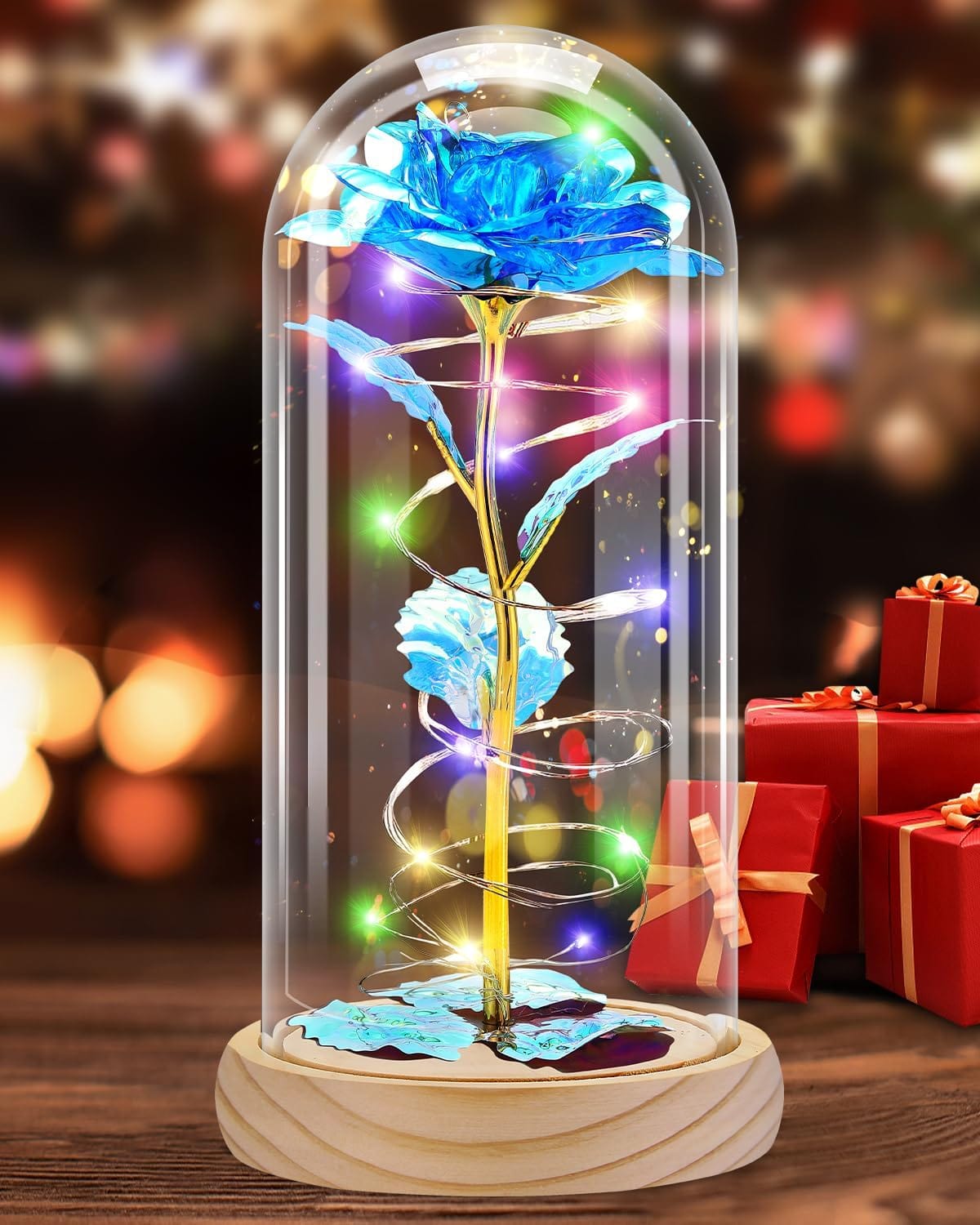 Rose Flower Gifts for Women, Valentines Day Gifts for Her, Birthday Gifts for Women/Mom, Colorful Galaxy Rose Glass Dome Wood Base, Forever Rose Artificial Flowers Gifts for Her (Blue)