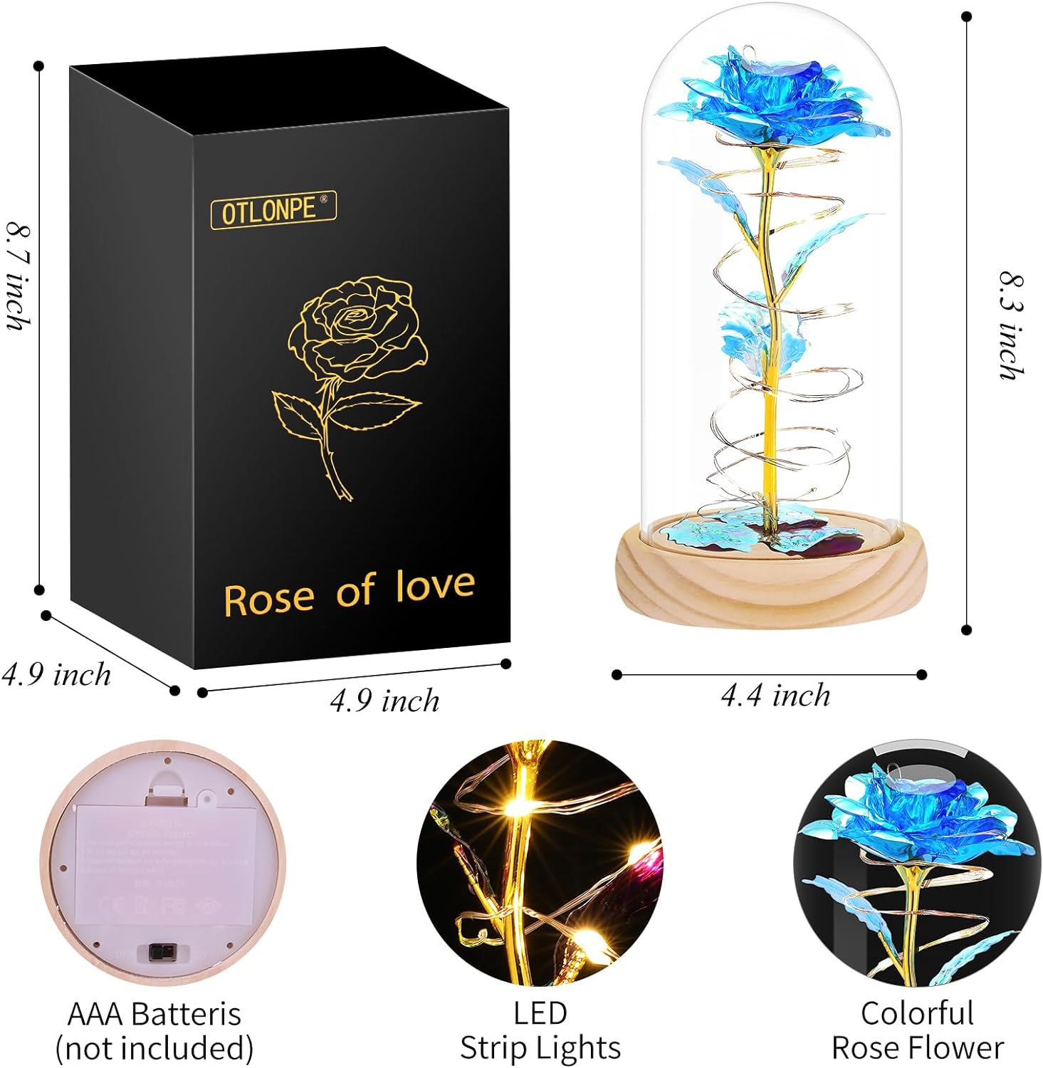 Rose Flower Gifts for Women, Valentines Day Gifts for Her, Birthday Gifts for Women/Mom, Colorful Galaxy Rose Glass Dome Wood Base, Forever Rose Artificial Flowers Gifts for Her (Blue)