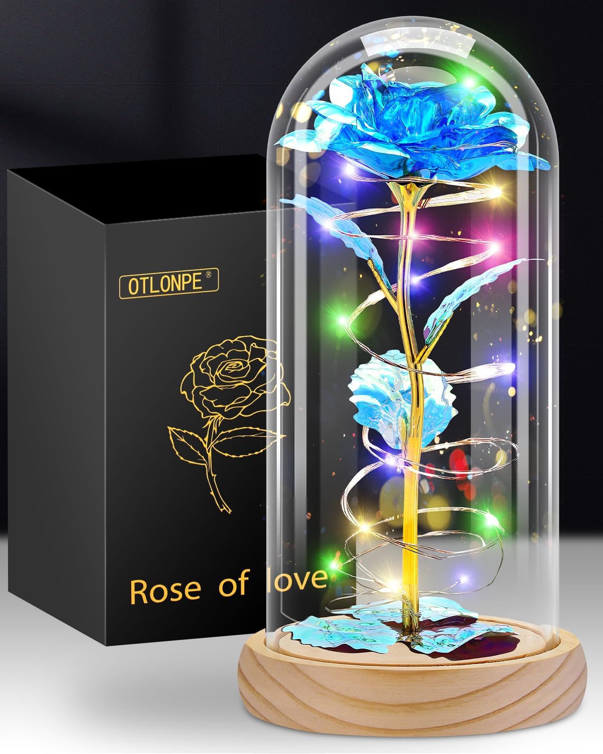 Blue-Wood Patter Rose Flower Gifts for Women, Valentines Day Gifts for Her, Birthday Gifts for Women/Mom, Colorful Galaxy Rose Glass Dome Wood Base, Forever Rose Artificial Flowers Gifts for Her (Blue)