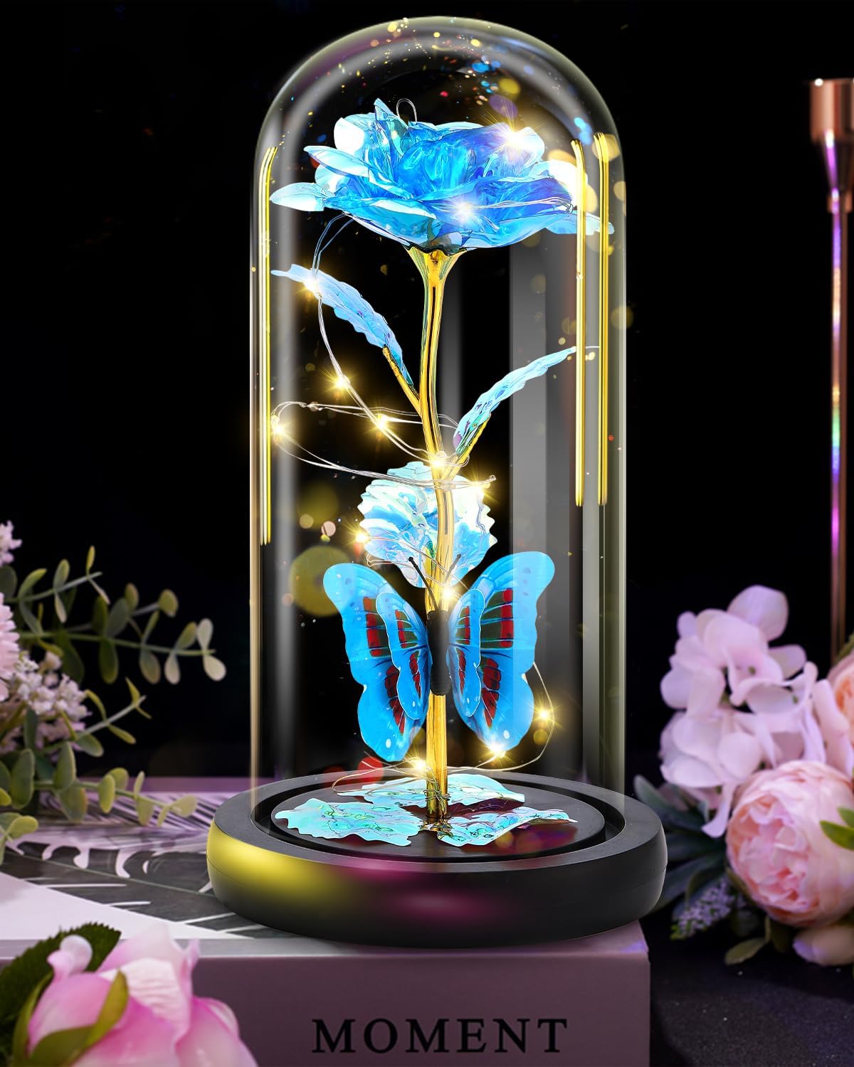 Blue Rose Flower Gifts for Women, Valentines Day Gifts for Her, Birthday Gifts for Women/Mom, Colorful Galaxy Rose Glass Dome Wood Base, Forever Rose Artificial Flowers Gifts for Her (Blue)