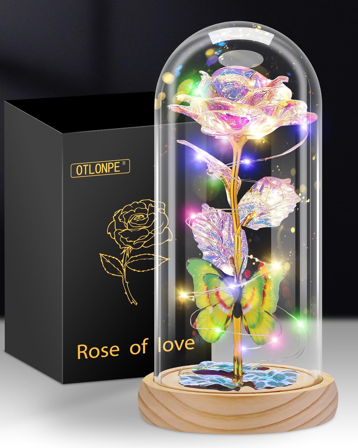 Colorful-Wood Pattern Rose Flower Gifts for Women, Valentines Day Gifts for Her, Birthday Gifts for Women/Mom, Colorful Galaxy Rose Glass Dome Wood Base, Forever Rose Artificial Flowers Gifts for Her (Blue)