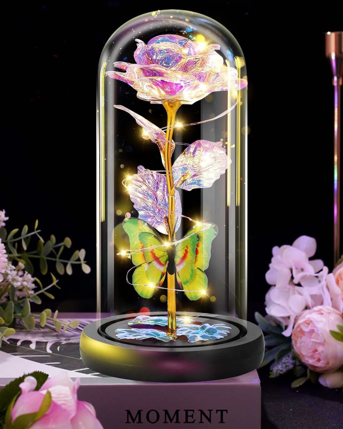 Gold Colored Rose Flower Gifts for Women, Valentines Day Gifts for Her, Birthday Gifts for Women/Mom, Colorful Galaxy Rose Glass Dome Wood Base, Forever Rose Artificial Flowers Gifts for Her (Blue)