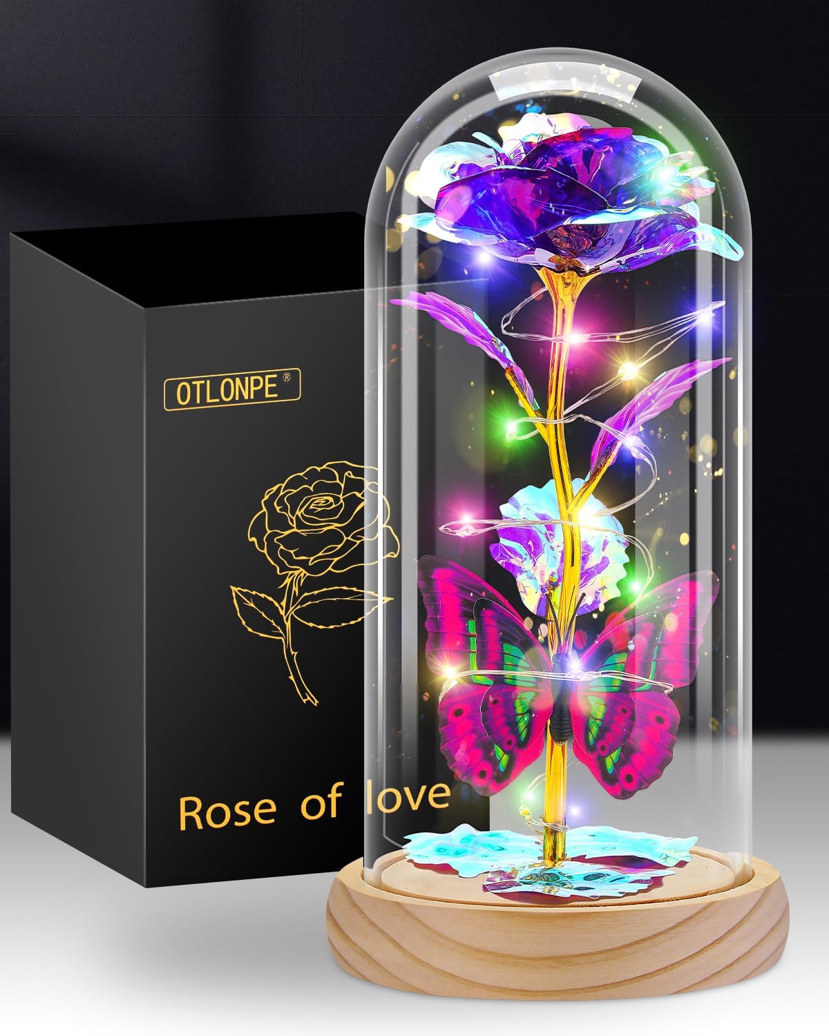 Purple-Wood Patter Rose Flower Gifts for Women, Valentines Day Gifts for Her, Birthday Gifts for Women/Mom, Colorful Galaxy Rose Glass Dome Wood Base, Forever Rose Artificial Flowers Gifts for Her (Blue)