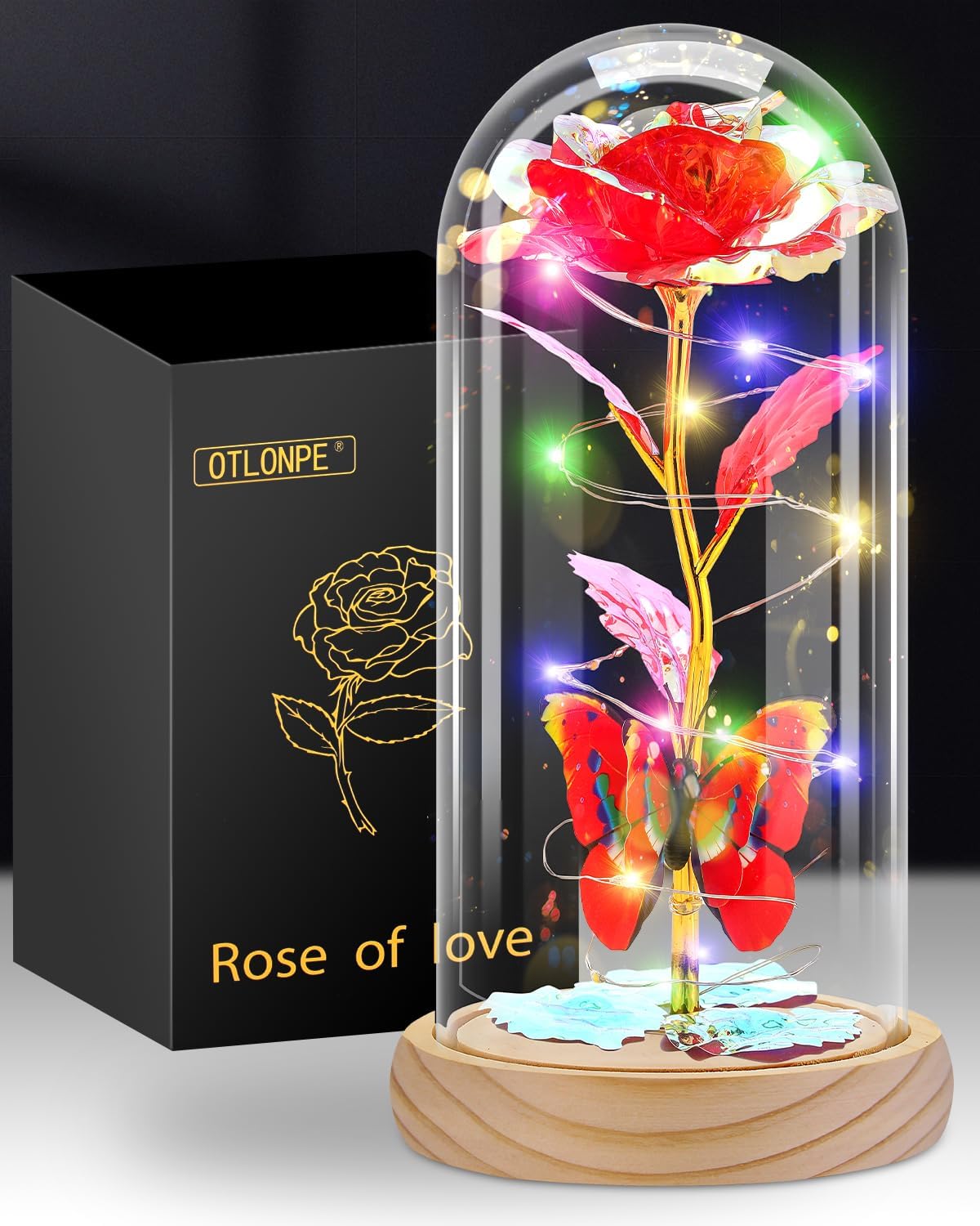 Red-Wood Patter Rose Flower Gifts for Women, Valentines Day Gifts for Her, Birthday Gifts for Women/Mom, Colorful Galaxy Rose Glass Dome Wood Base, Forever Rose Artificial Flowers Gifts for Her (Blue)