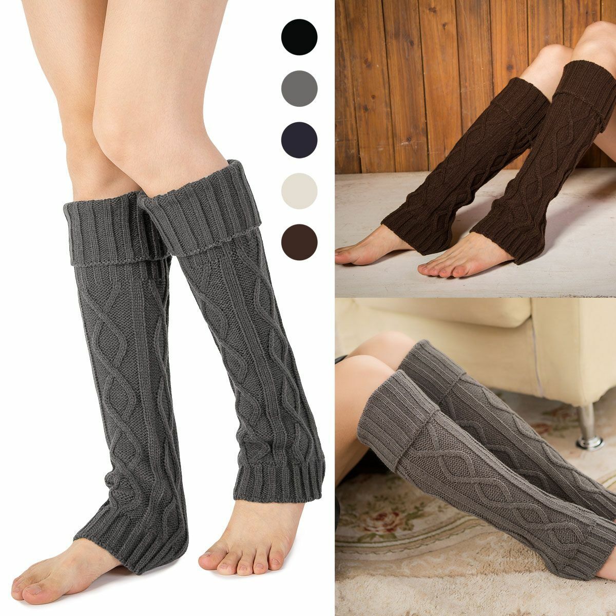 Women's Ribbed Crochet Knit Leg Warmers - Knee High Wool Boot Socks for Winter