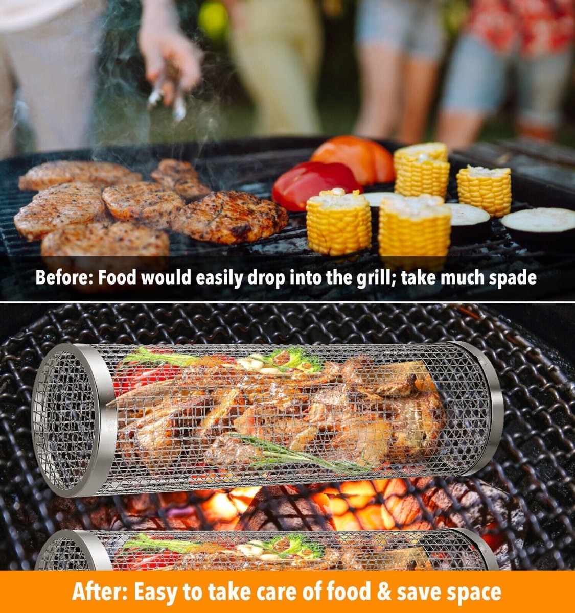 2-Pack Stainless Steel Rolling Grilling Basket - BBQ Grill Tools for Outdoor Cooking