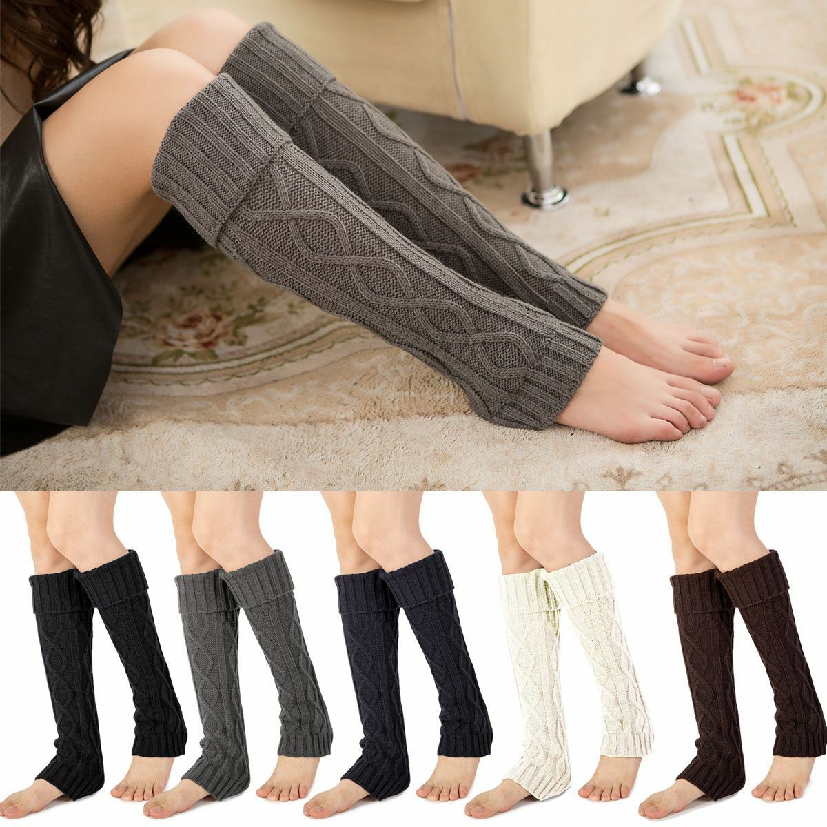 Women's Ribbed Crochet Knit Leg Warmers - Knee High Wool Boot Socks for Winter