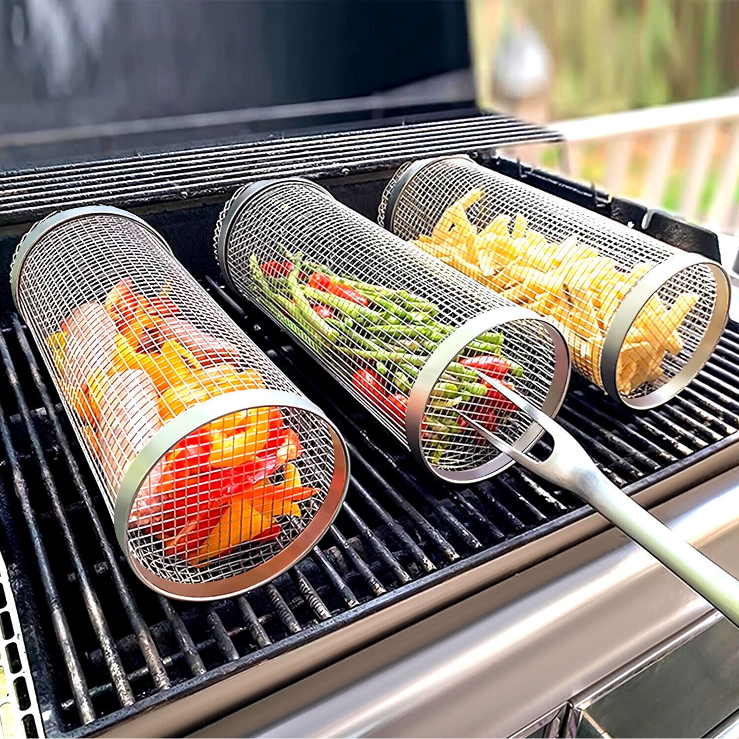 2-Pack Stainless Steel Rolling Grilling Basket - BBQ Grill Tools for Outdoor Cooking