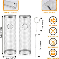 2-Pack Stainless Steel Rolling Grilling Basket - BBQ Grill Tools for Outdoor Cooking