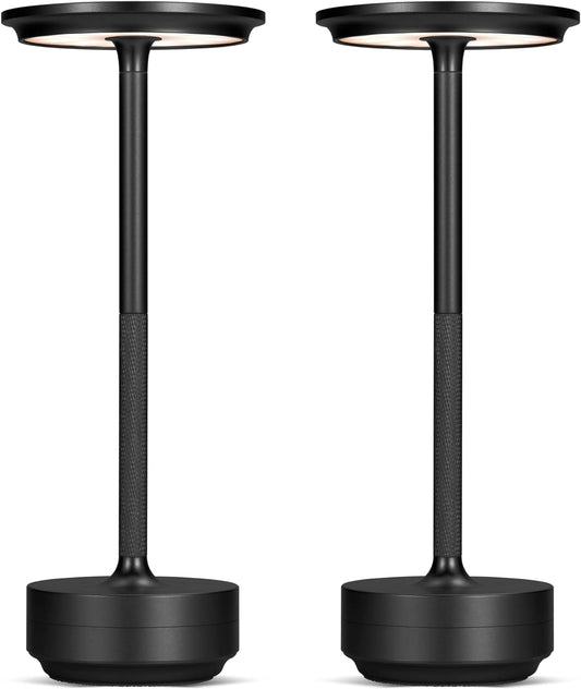 Blcak2 Set of 2 LED Cordless Table Lamps: Rechargeable, Dimmable, and Portable Battery Operated Lights for Nightstand, Dining Room, or Outdoor Use