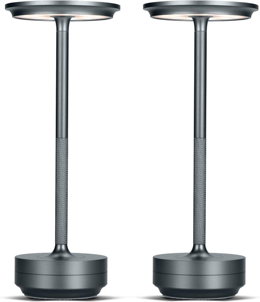 Grey2 Set of 2 LED Cordless Table Lamps: Rechargeable, Dimmable, and Portable Battery Operated Lights for Nightstand, Dining Room, or Outdoor Use
