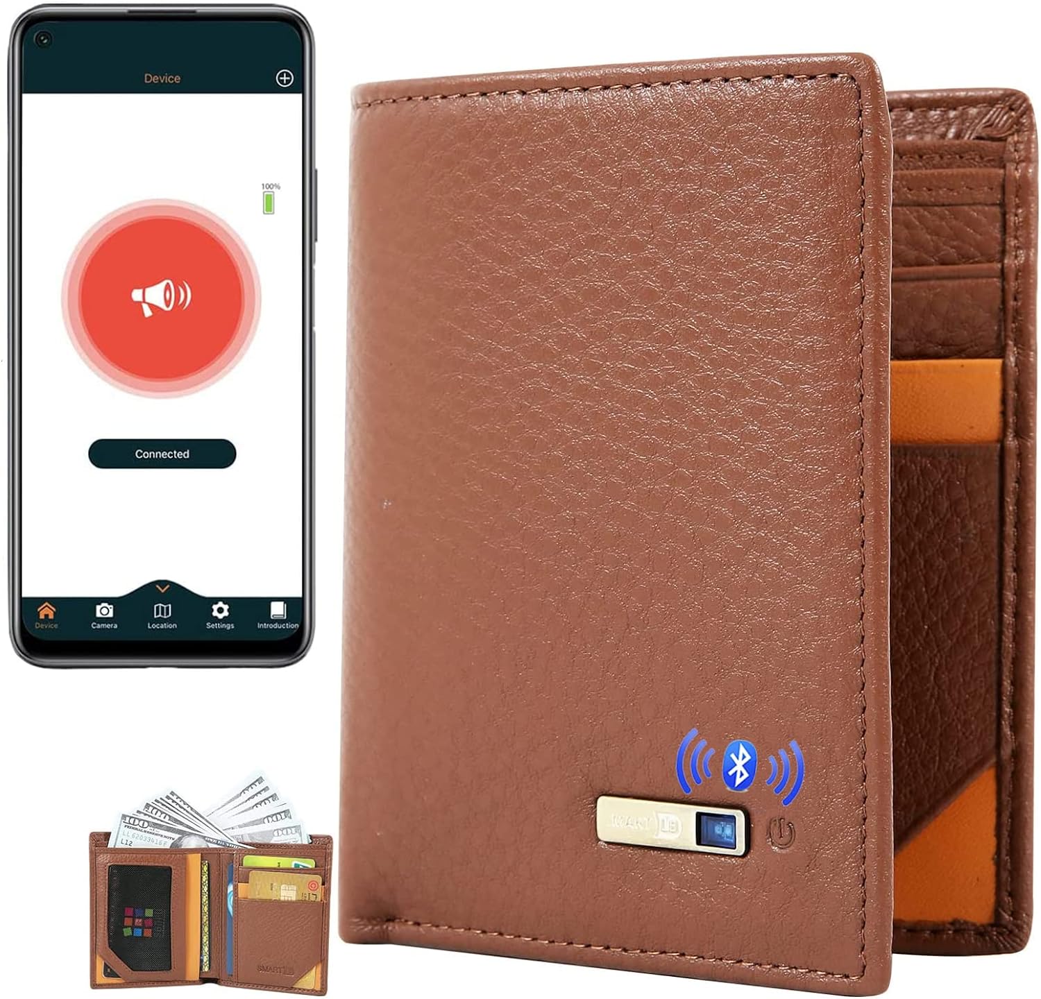 Smart LB Wallet - Trackable Anti-Lost Bluetooth Wallet with Intelligent Tracker Finder, Position Locator via Phone GPS, Bifold Genuine Cowhide Leather, Minimalist Credit Card Holder  ebasketonline Brown,Vertical  