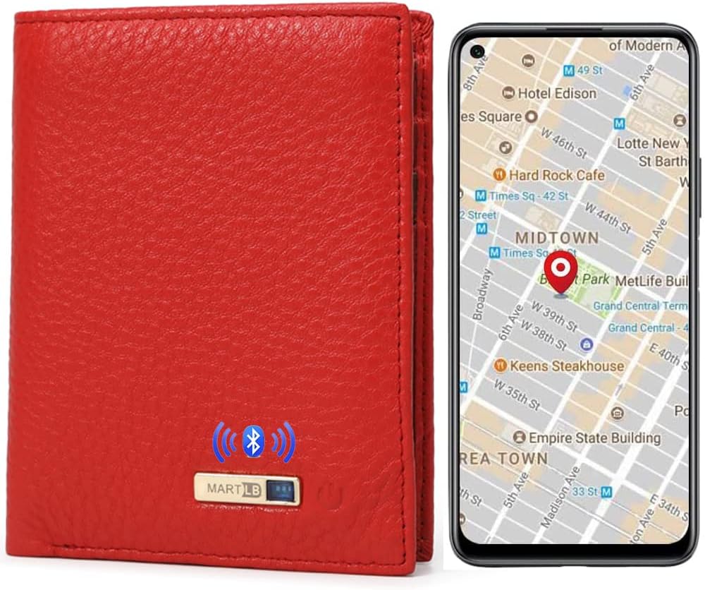 Smart LB Wallet - Trackable Anti-Lost Bluetooth Wallet with Intelligent Tracker Finder, Position Locator via Phone GPS, Bifold Genuine Cowhide Leather, Minimalist Credit Card Holder  ebasketonline Red, Vertical  