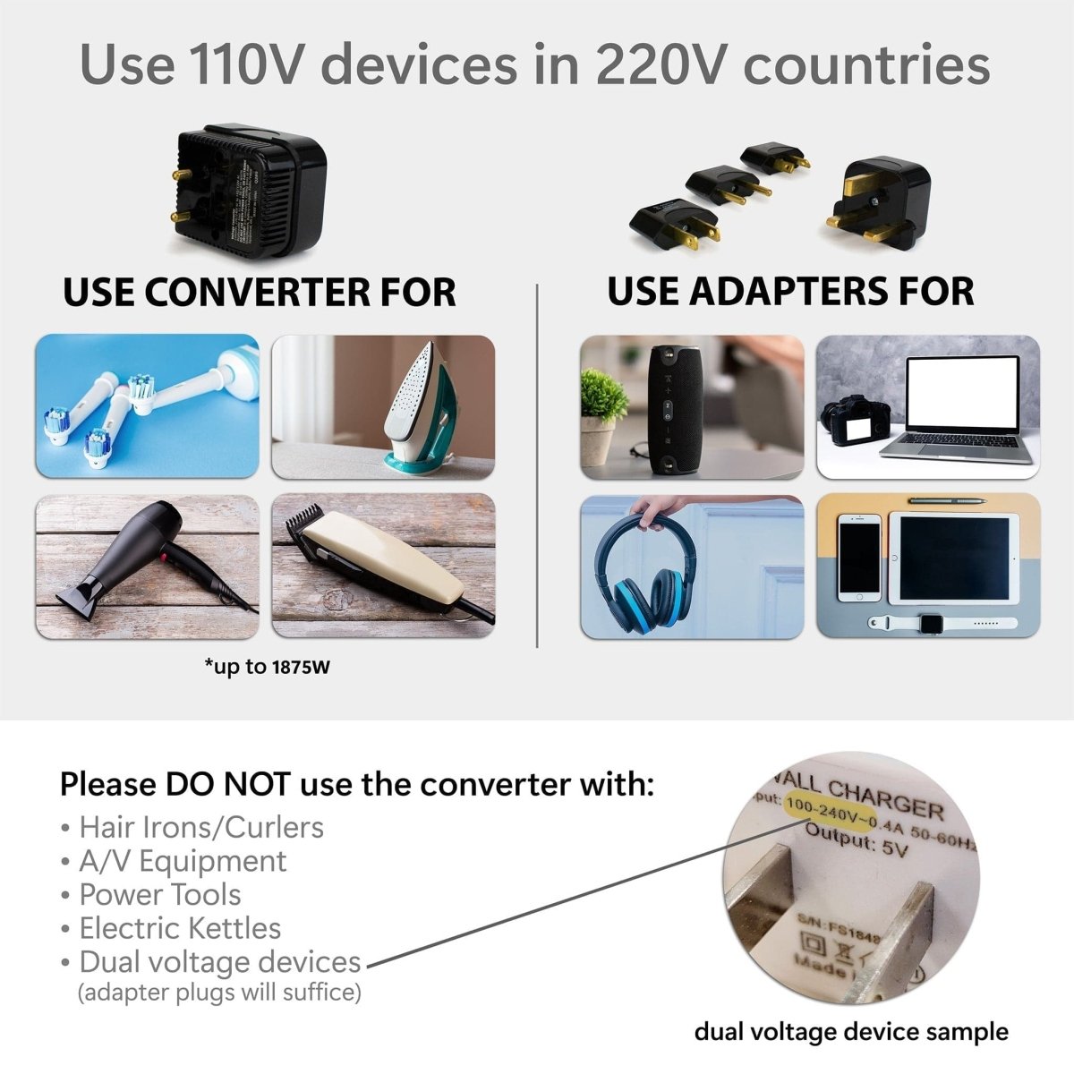 Step-down Travel Voltage Converter and Adapter Kit with Pouch  Travellty   