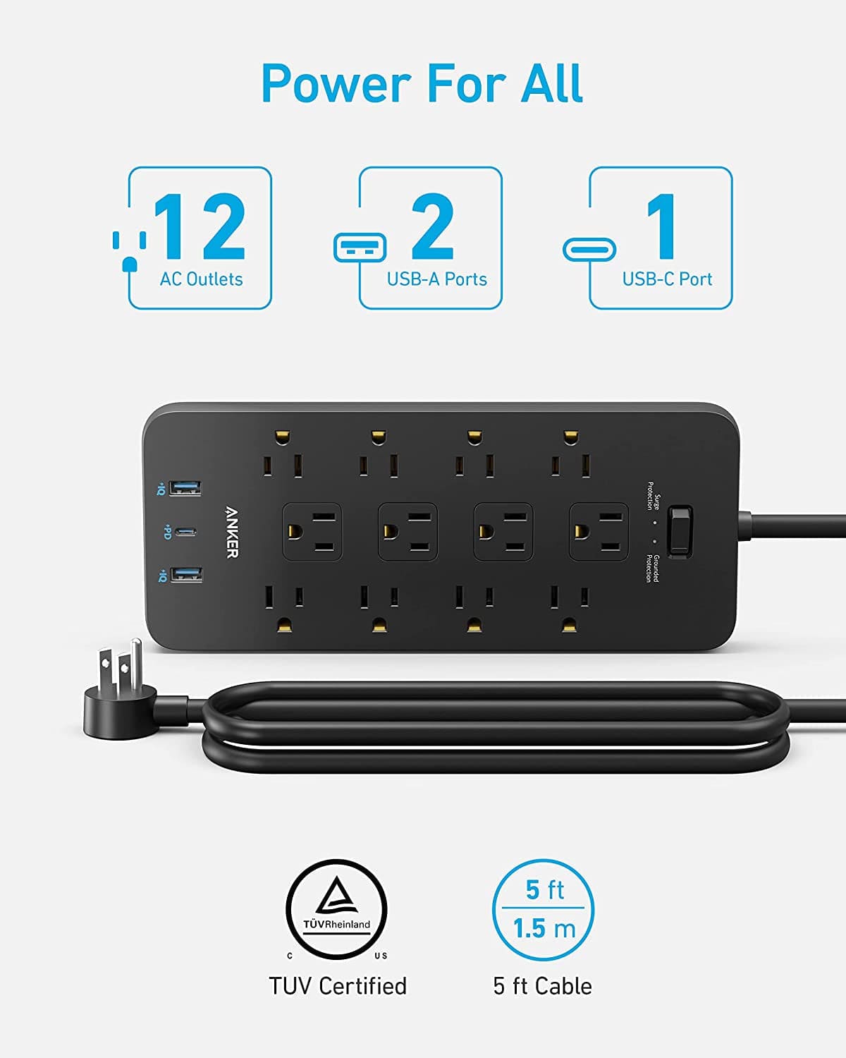 Surge Protector Power Strip (2100J),  12 Outlets with 1 USB C and 2 USB Ports 5Ft Extension Cord Flat Plug  ebasketonline   