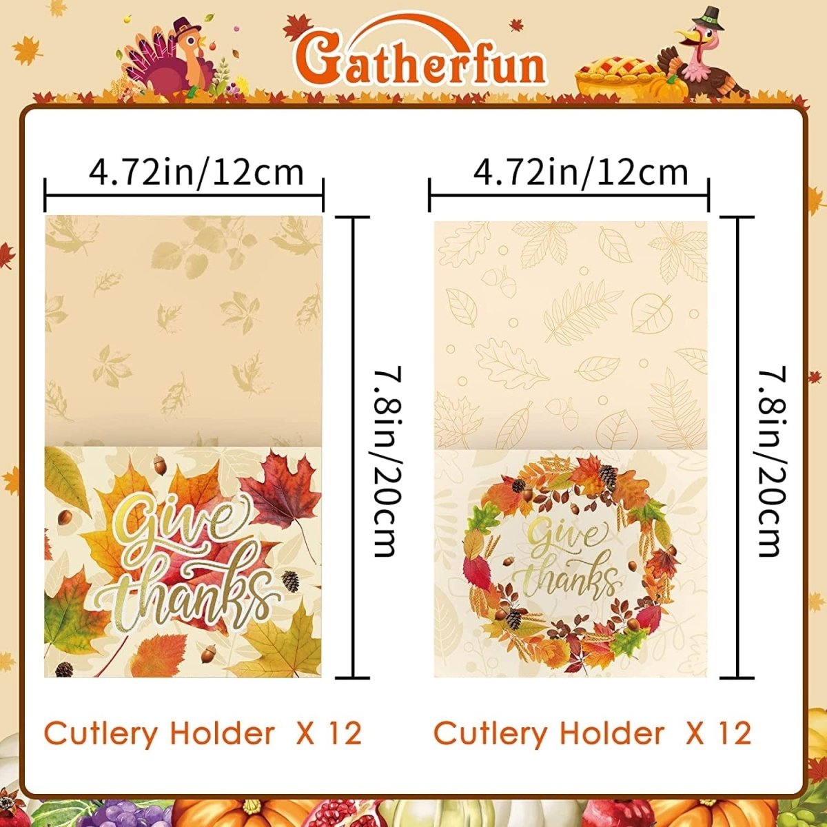 Thanksgiving Cutlery Holder Gold Foil with Give Thanks Maple Leaf Design, 24 Pack, Mix 2 Designs  ebasketonline   