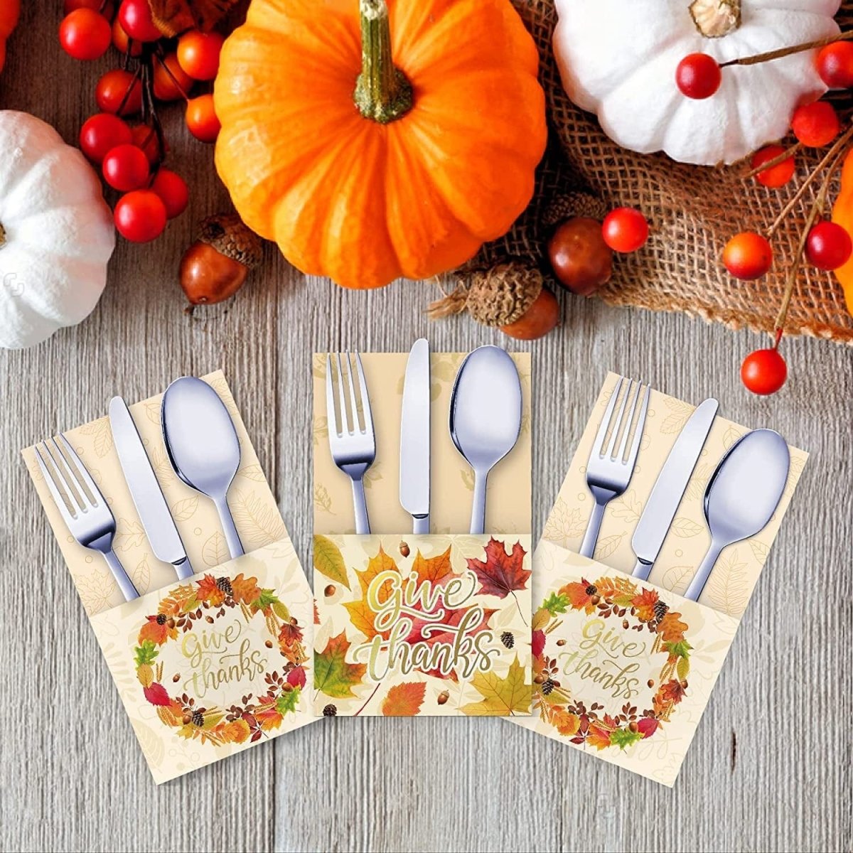 Thanksgiving Cutlery Holder Gold Foil with Give Thanks Maple Leaf Design, 24 Pack, Mix 2 Designs  ebasketonline   