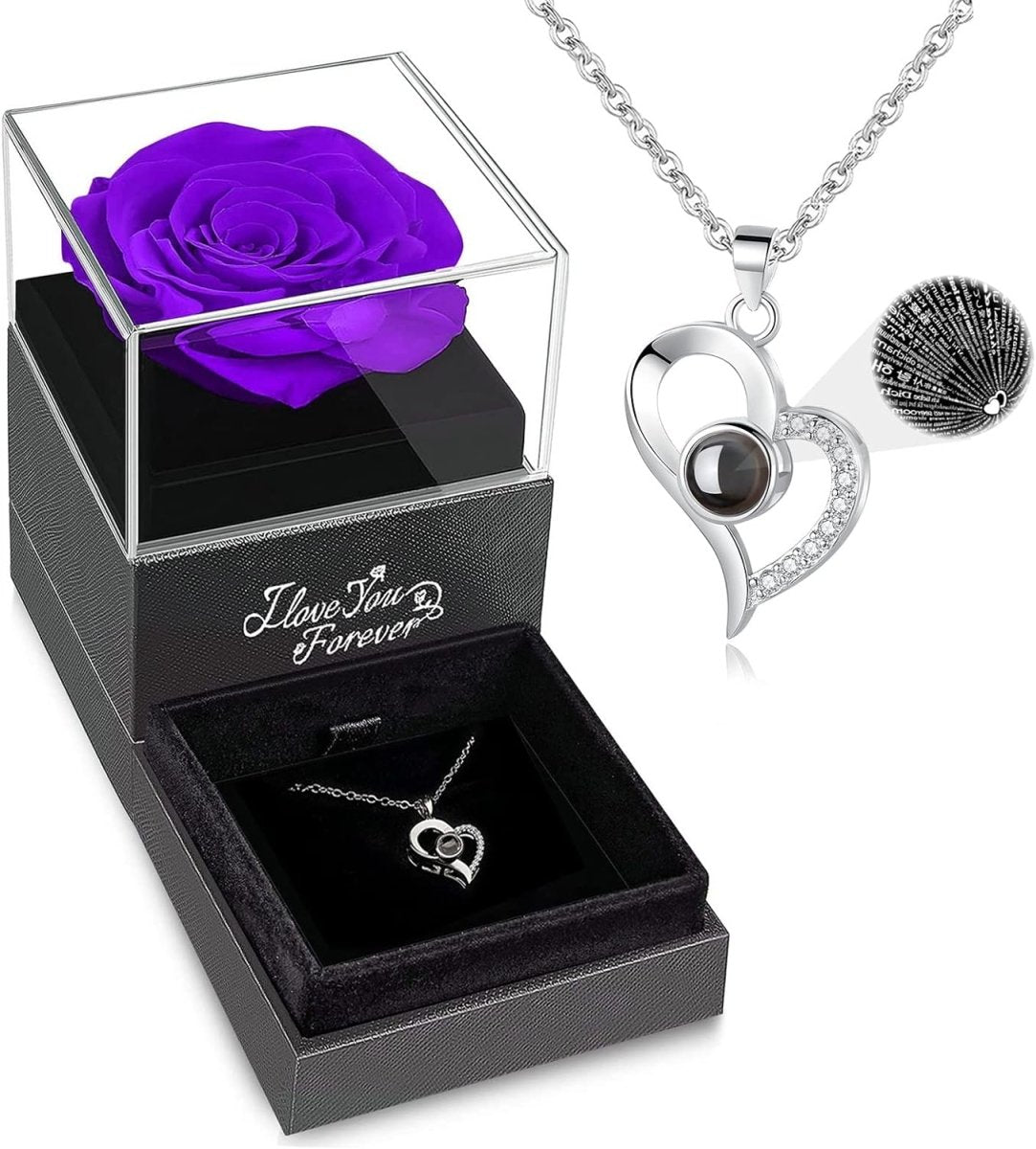 Valentine's Day Gift for Her: Preserved Real Rose with I Love You Necklace  ebasketonline B_Purple Rose  