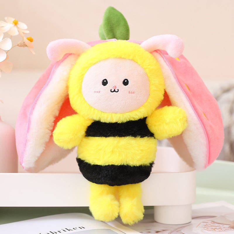 Wanghong Cute Strawberry Rabbit Doll Plush Toy with Transforming Feature Accessories CJ Honeybee 18cm 1PC