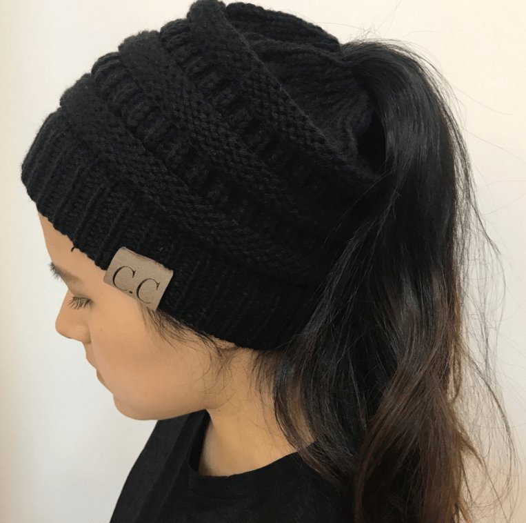 Warm and Stylish Chunky Cable Knit High Bun Ponytail Beanie Hat for Women Home & Garden Pink Lucy Black  