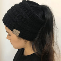 Warm and Stylish Chunky Cable Knit High Bun Ponytail Beanie Hat for Women Home & Garden Pink Lucy Black  