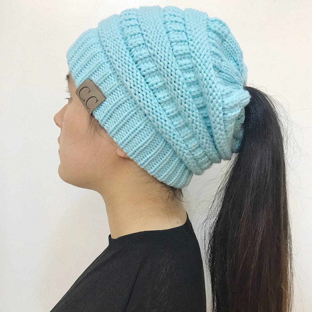 Warm and Stylish Chunky Cable Knit High Bun Ponytail Beanie Hat for Women Home & Garden Pink Lucy Blue  