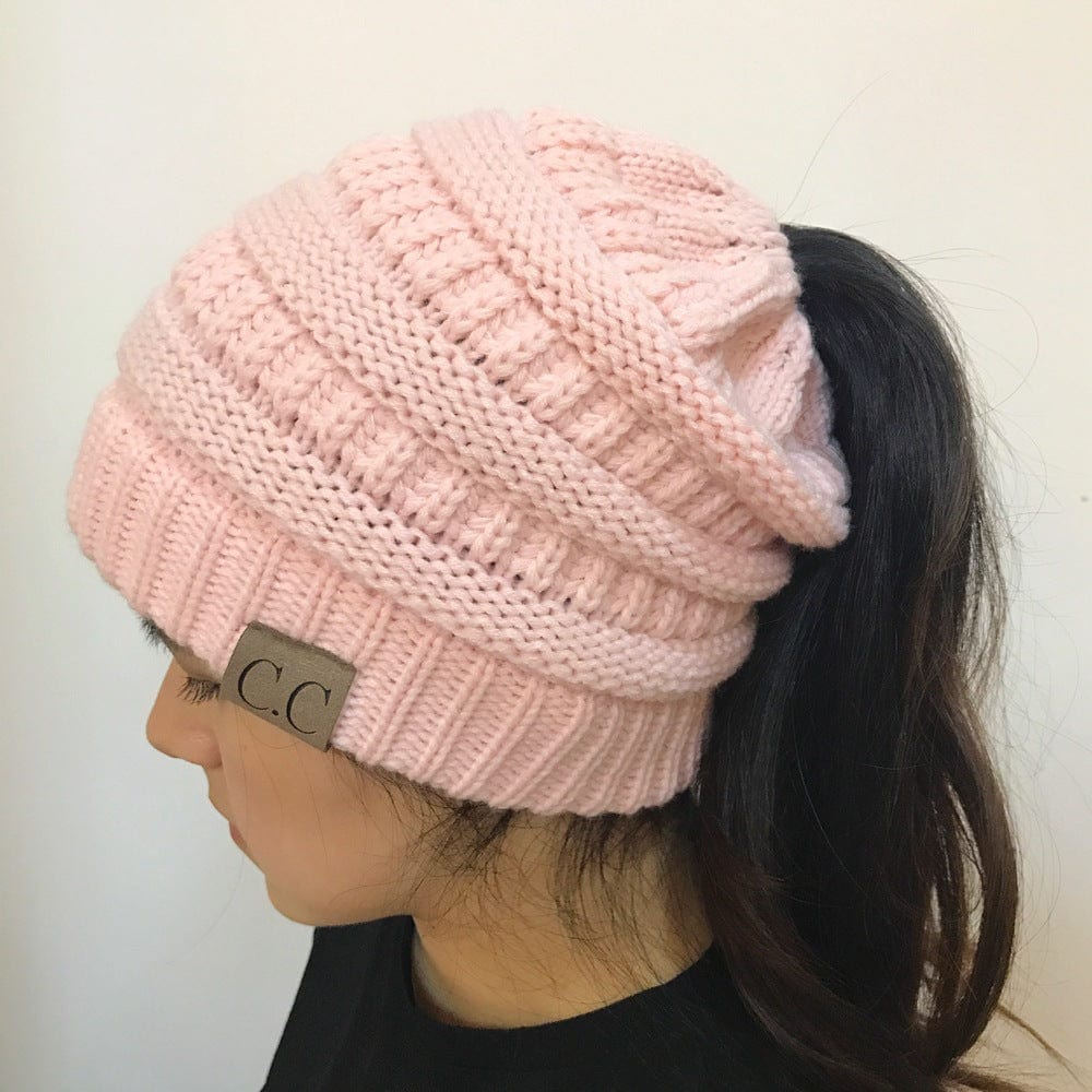 Warm and Stylish Chunky Cable Knit High Bun Ponytail Beanie Hat for Women Home & Garden Pink Lucy Pink  