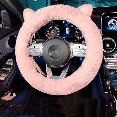 Women's Winter Plush Cute Car Steering Wheel Cover Automotive CJ Cat ear powder  