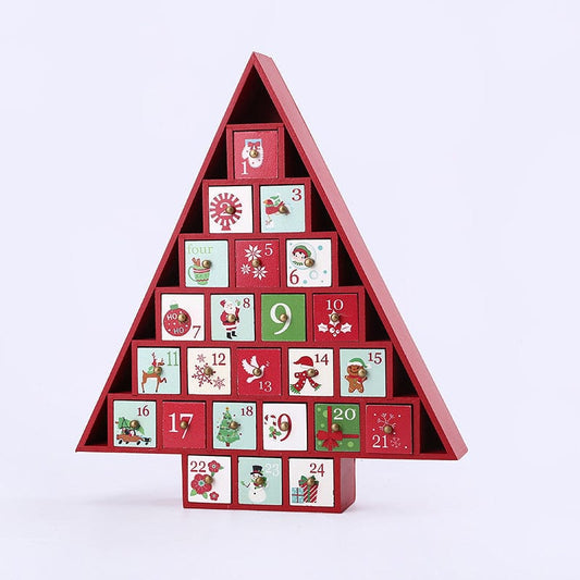 Wooden Advent Calendar with 24 Ornaments for Christmas Countdown Christmas CJ Red Christmas tree  