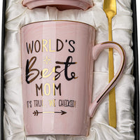 Pink Marble Ceramic Mug for MOM with Gold Accents, Lid, and Greeting Cards1