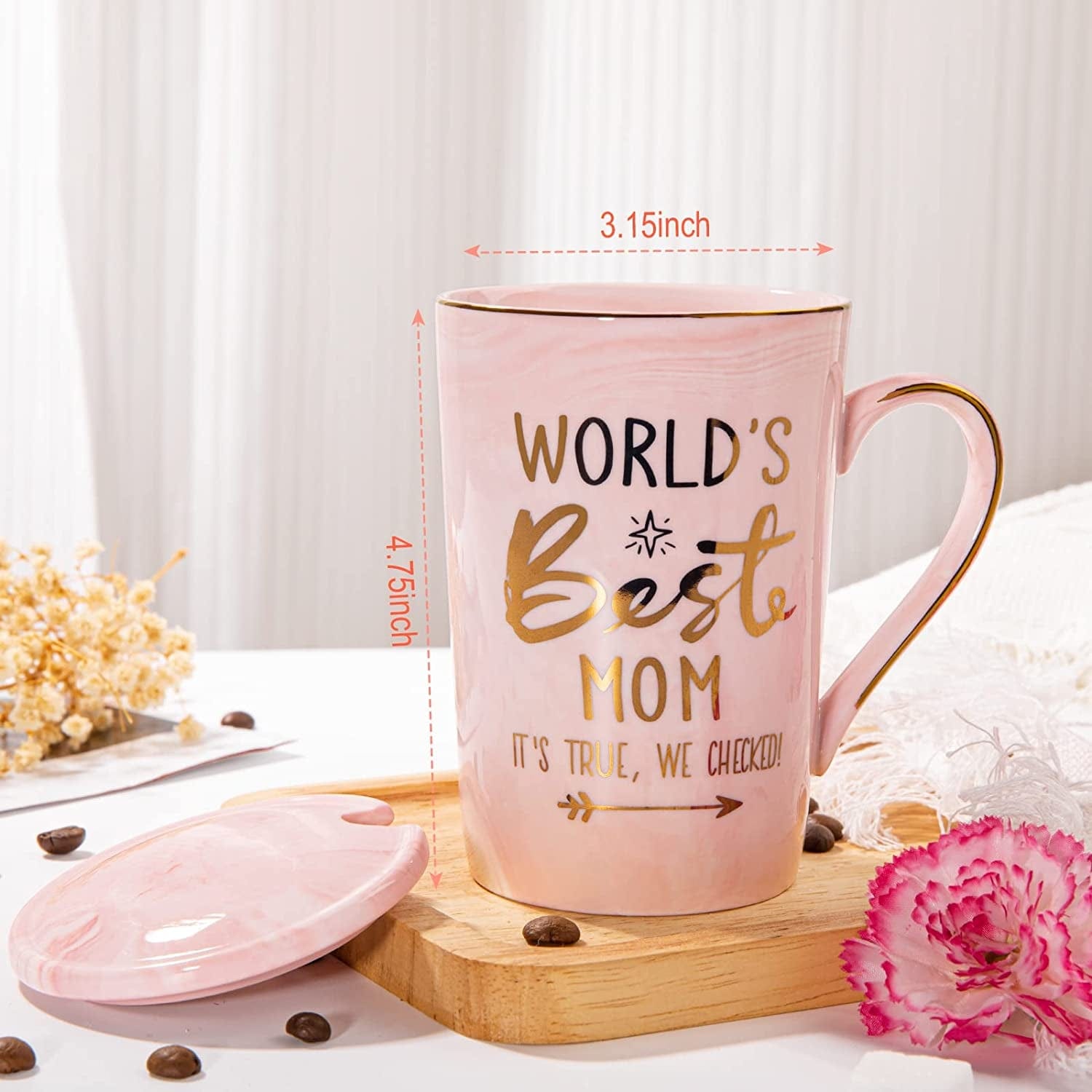 Pink - Mom Gifts 'World's Best Mom' - Unique 14oz Pink Marble Ceramic Mug with Gold Accents, Lid, and Greeting Cards