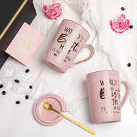 Pink Marble Ceramic Mug for MOM with Gold Accents, Lid, and Greeting Cards4